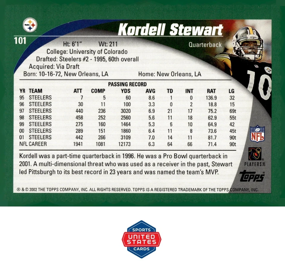 2002 Topps #101 Kordell Stewart - Image 2 of 2