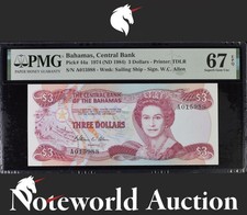 Bahamas Central Bank 3 Dollars 1974 (ND 1984) P 44a UNC PMG 67 EPQ