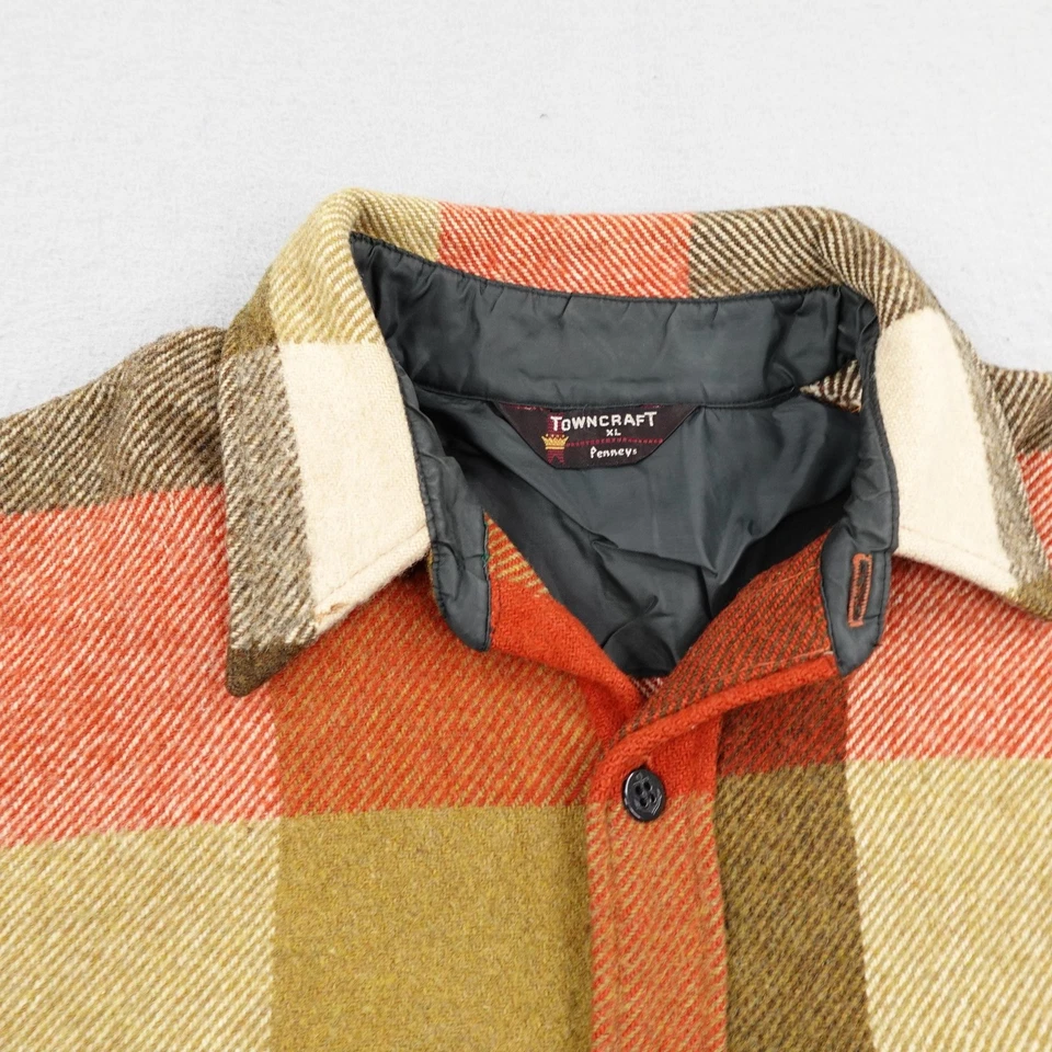 Vintage Towncraft Penneys Jacket Mens XL Orange Plaid Wool Cruiser Shacket 60s - Image 2 of 4