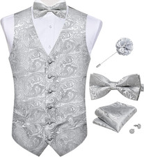 Mens Paisley Suit Waistcoat,Silk Dress Vest and Bowtie Pocket Square