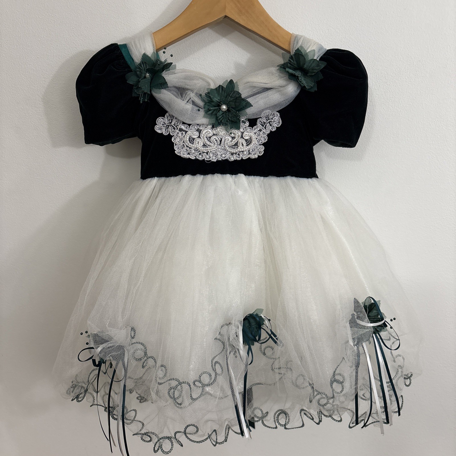 Vintage Tip Top Kids Fancy Formal Baby Girl Dress 18 Months Green Floral Beaded
