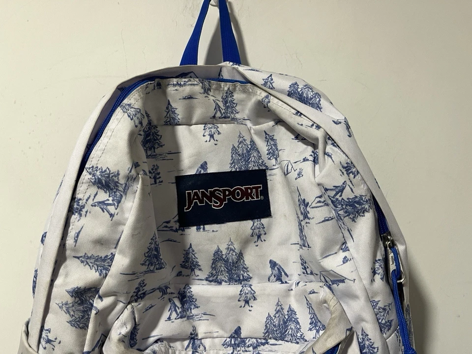 Mochila Jansport Blanca con Árboles Azules Mochila Exterior Super Break *LEER Foto 3 de 4