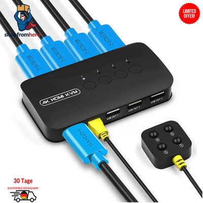 4K HDMI KVM Switch mit 4 Ports | PC-Share über 1 Monitor