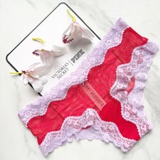 Victoria's Secret Tease Mesh Lace-Trim Cheeky Panty Bright Vermillion  Silky