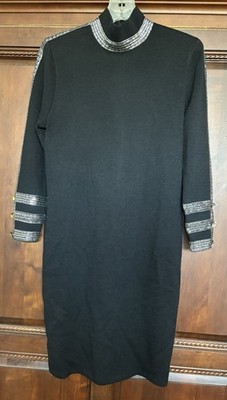 VTG St. John Santana Knit  Eve Dress Rhinestone Embellished Silver Sparkly Sz 8