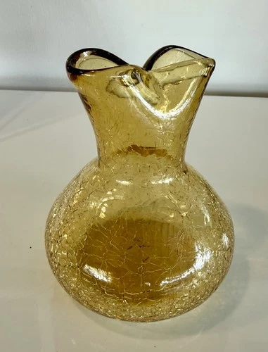 VTG Blenko Art Glass Pinch Crackle Vase In Jonquil Yellow 4.5” Winslow Anderson