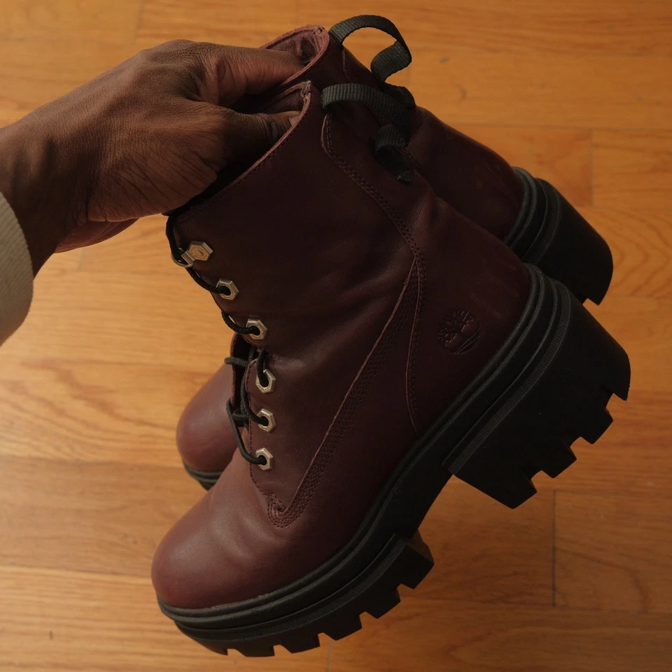 Timberland Women Burgundy Leather Lace Up Chunky Boots Size 8 Lug Sole Winter - Image 4 of 4