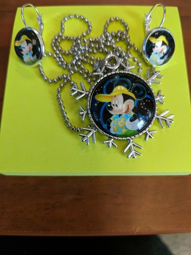 Necklace & Earrings set Glass Dome Silver 20" chain Disney Mickey Mouse NEW