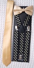 Gold Bow Tie,Gold 3" NeckTie,  Gold Stars 1" Adjustable Y-Back Suspenders Combo