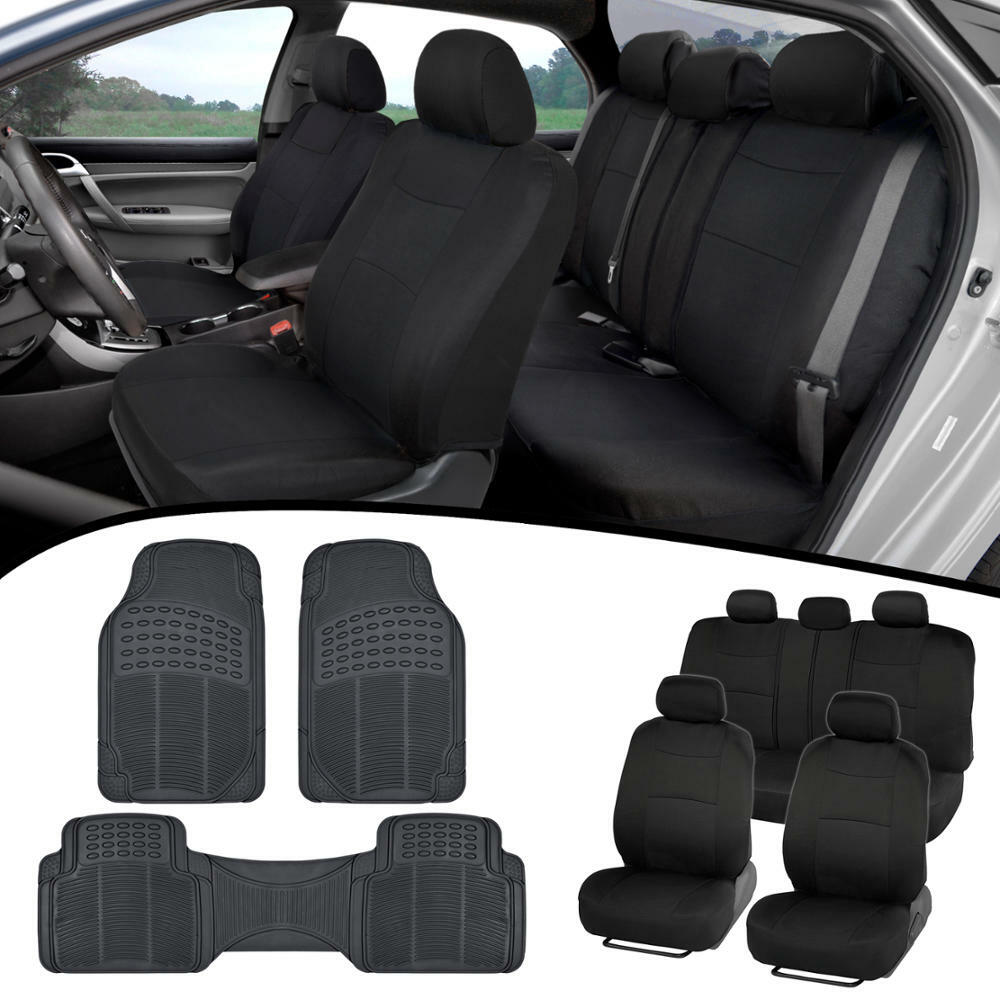 Black Polyester Car Seat Covers with Heavy Duty Rubber Floor Mats Set