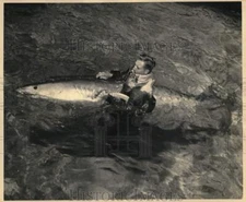 1952 Press Photo Floyd Adams "walks" 10-foot tiger shark at Marineland, Florida