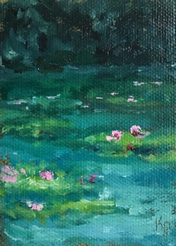 ACEO ATC Art Print Water Lily Pond Lake Garden Landscape Signed - Picture 1 of 1