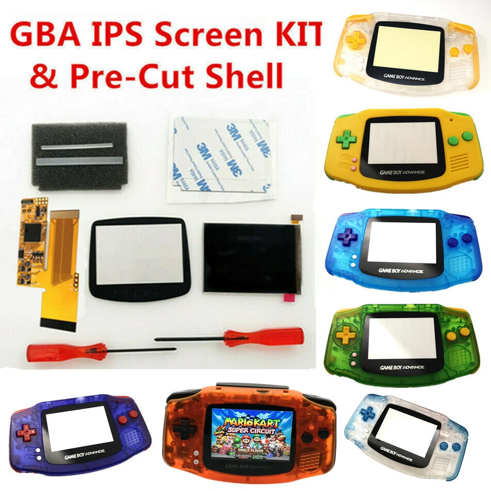 NINTENDO GBA V2 IPS Alto Brillo Pantalla LCD Mod y Carcasa Precortada Estuche Para GBA