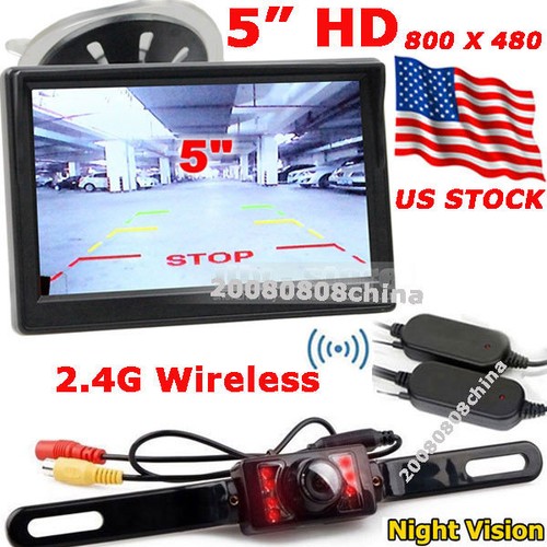 Wireless 5" HD Rear View Monitor License Plate IR Night Vision Backup Camera Kit