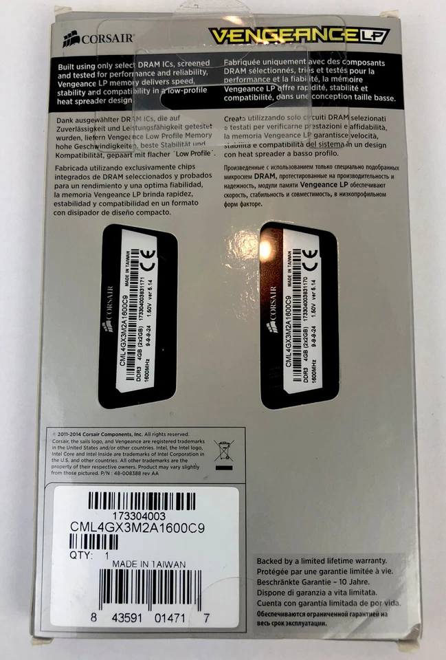 2X2GB  DDR3 PC3-12800U CORSAIR CML4GX3M2A1600C9 (T4) - Image 2 of 2