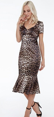 Womens Midi Party Dress Size 10 Animal Print New Ladies Satin Cocktail Goddiva - Picture 3 of 7