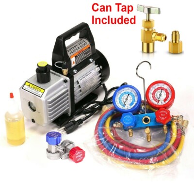AC Manifold Gauge set Combo 3 CFM Air Vacuum Pump HVAC + R134A Kit