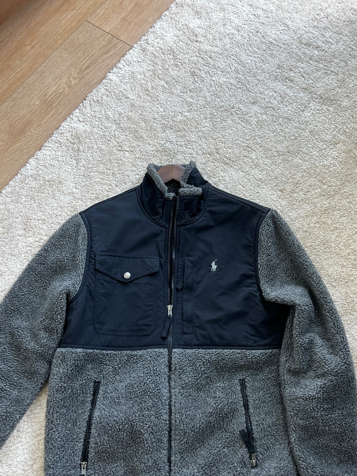 Polo Ralph Lauren Sherpa Fleece Jacket Size S Patagonia LLBean Style Black Grey