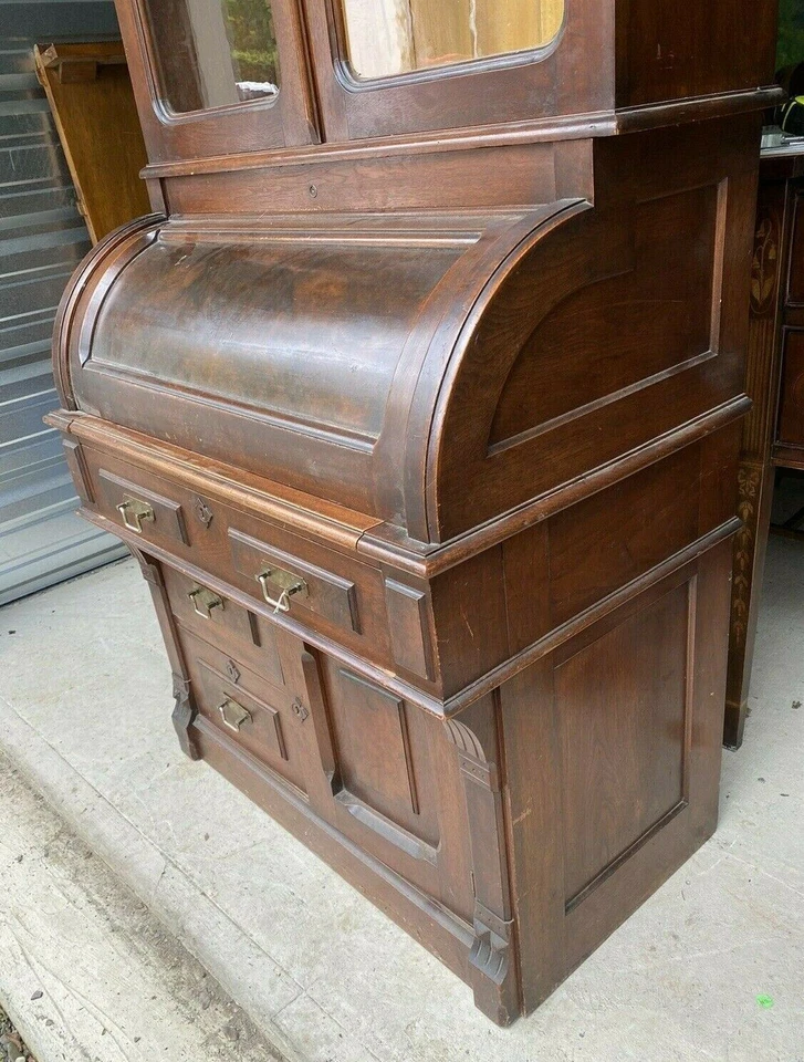 АНТИКВАРНЫЙ ВИКТОРИАНСКИЙ ВОРС ОРЕХОВЫЙ ЦИЛИНДР РУЛОН СЕКРЕТАРСКИЙ СТОЛ - Изображение 4 из 4