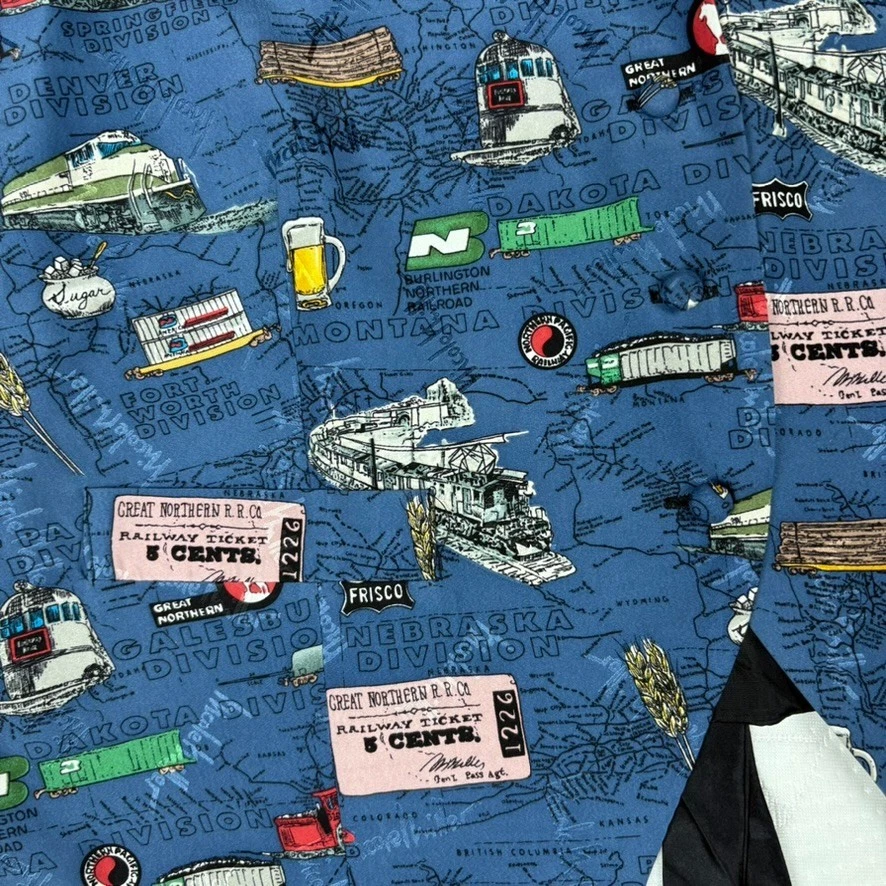 Colete de seda vintage anos 90 Nicole Miller XL trem viagem ferrovia novidade impressão década de 1990 - Imagem 3 de 4