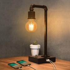 Industrial Table Lamp, Vintage Bedside Lamp with USB C and USB A Charging Por...