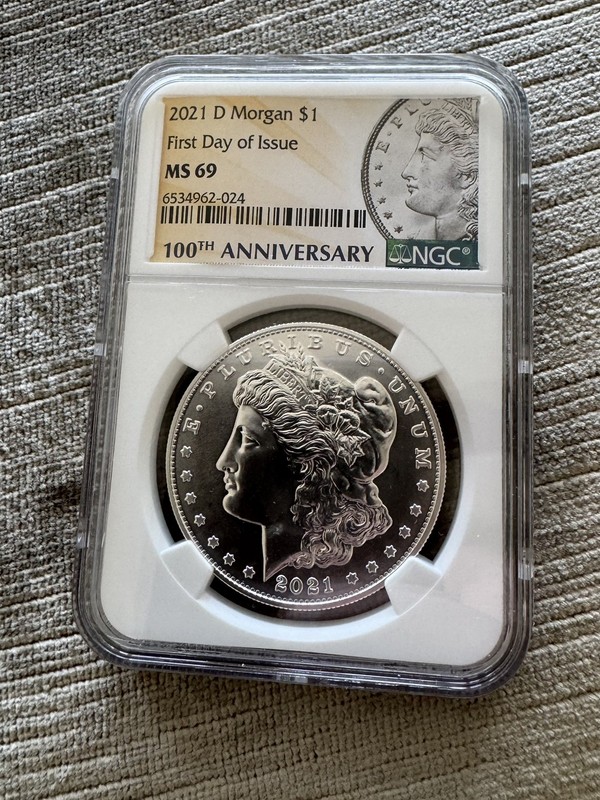 2021-D MS69 Morgan Silver Dollar $1 NGC 100th Anniversary First Day Issue Label