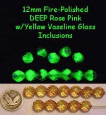10 Pc 12mm Round Facet Fire-Polished Pink  Yellow VASELINE/URANIUM GLASS BEADS
