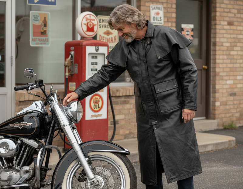Mens Buffalo Hide Leather Motorcycle Duster Jacket Removable Cape