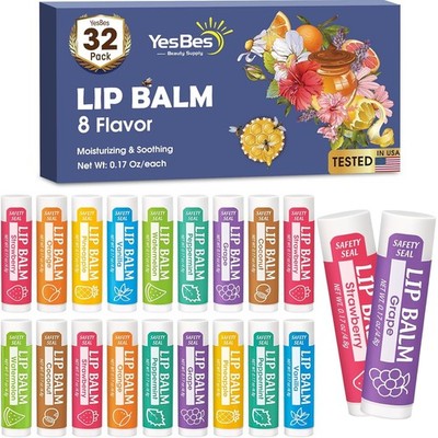 32 Pack Natural Lip Balm with Vitamin E & Coconut Oil   8 Flavors Moisturizing