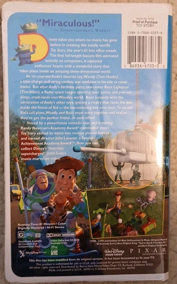 Disney's Toy Story (VHS, 1996) #6703 Pixar Studios - Image 2 of 3