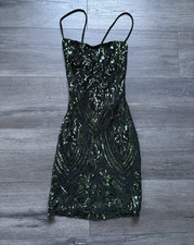 Windsor Black Green Sequin Mini Cocktail Dress Open Strappy Back Size Small