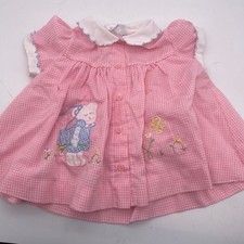 VTG Cinderella Baby Girl 12 Months Pink Gingham Embroidered Bear Floral Dress Y