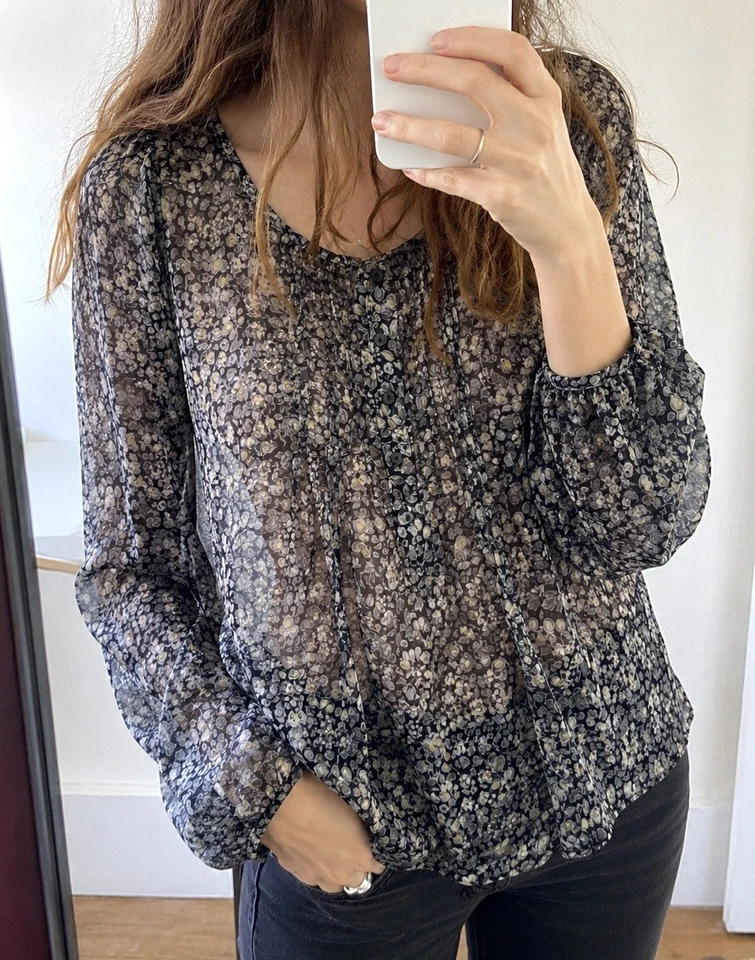 Gerard Darel 100% Silk Floral Blouse Sheer Vintage French Size 38 - Photo 1/4