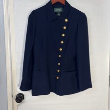 Lauren Ralph Lauren Gold Buttons Pockets Lined Collared Blazer Women Blue Size 8