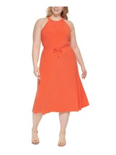 TOMMY HILFIGER Womens Orange Closure Sleeveless Tea-Length Fit + Flare Dress 4