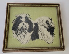 Vintage Framed Dog Puppy Needlepoint 11.5 x 10"