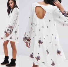 Free People Embroidered Oxford Swing Cut Out Mini Festival Boho Dress Lined L