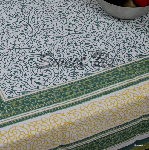 Cotton Floral Tablecloth Rectangle White Green Yellow Kitchen Table Linen - Picture 2 of 2