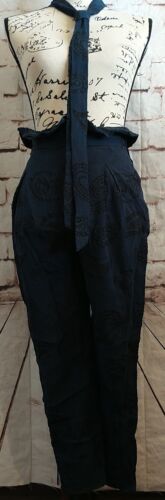 Stevie May XS Lantern Pants Crop Navy Blue Paper Bag Embroidered Dress Trouser