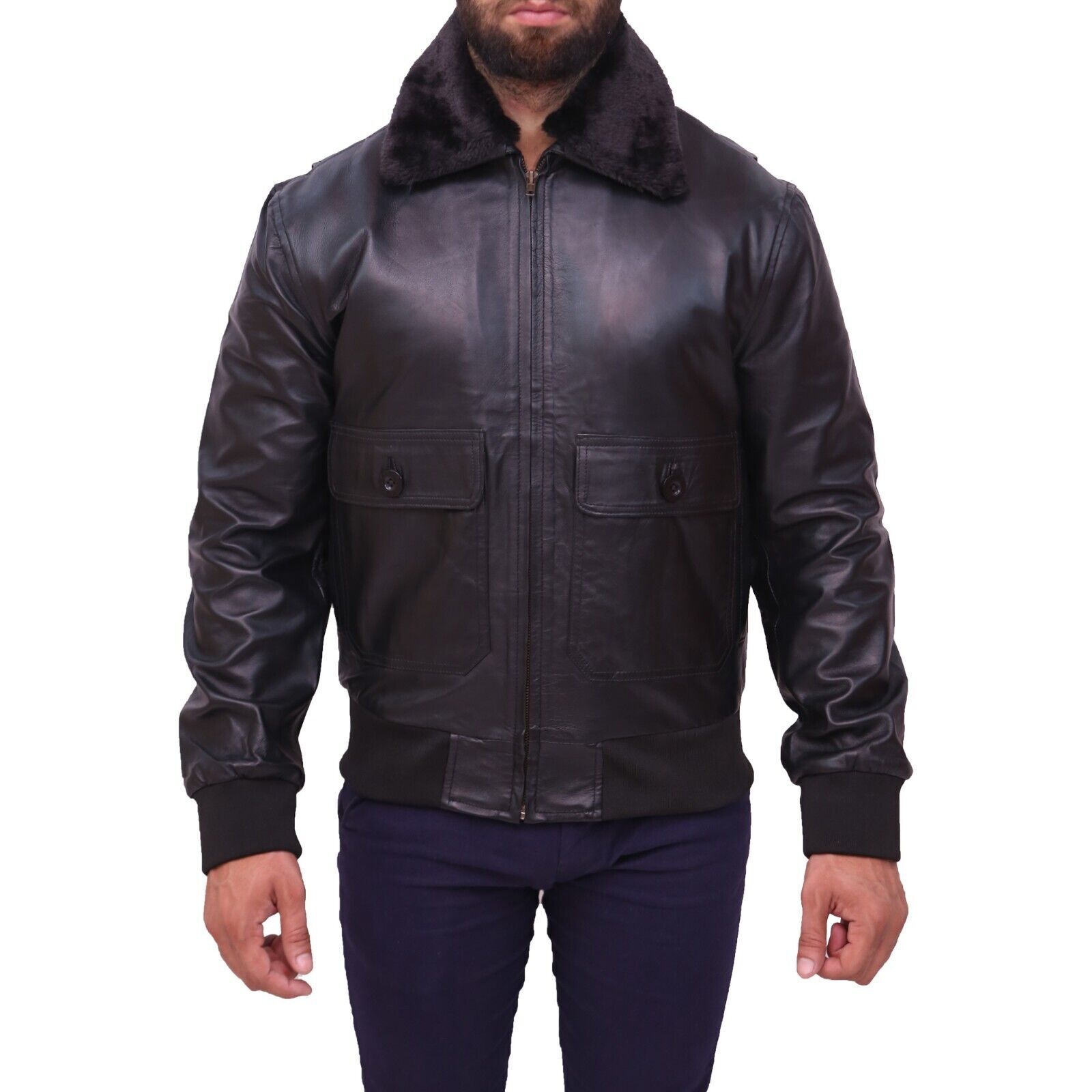 US Navy G1 Black Bomber Faux Fur Collar Men's Genuine Sheepskin Leather Jacket