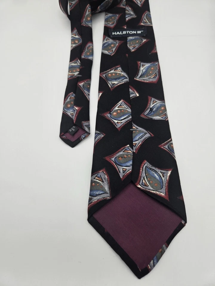 Halston III Corbata Para Hombre Seda Negra Geométrica Estampado Retro Prendas Clásicas para el Cuello Foto 2 de 4
