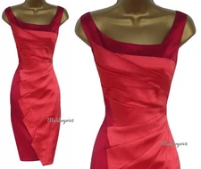 KAREN MILLEN ✩ STUNNING TWO TONE RED SATIN FAN COCKTAIL PENCIL DRESS ✩ UK 8