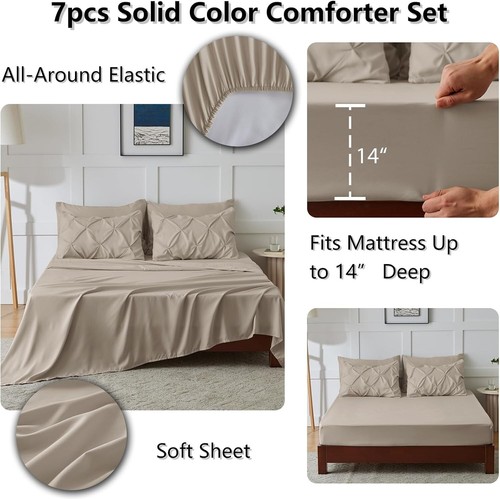 All-Season King Size Comforter Set – 7-Piece Oatmeal Pinch Pleat Design - Picture 7 of 8