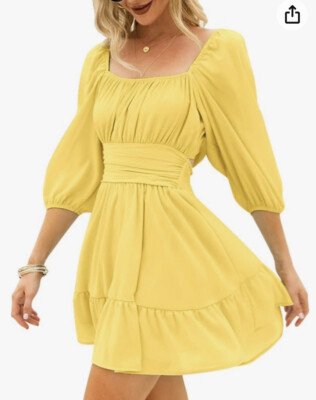 Exlura Yellow Size S Off On Shoulder Square Neck Open Back Skater Dress  Tiered | eBay