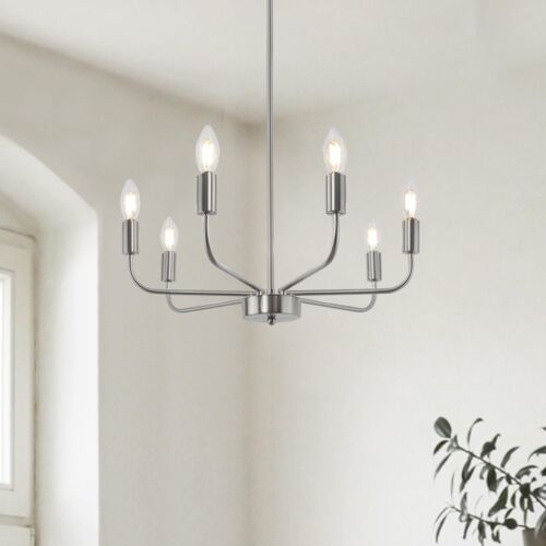 Silver Chandelier 6 Light Farmhouse Dining Room Rustic Pendant Fixture Kitchen