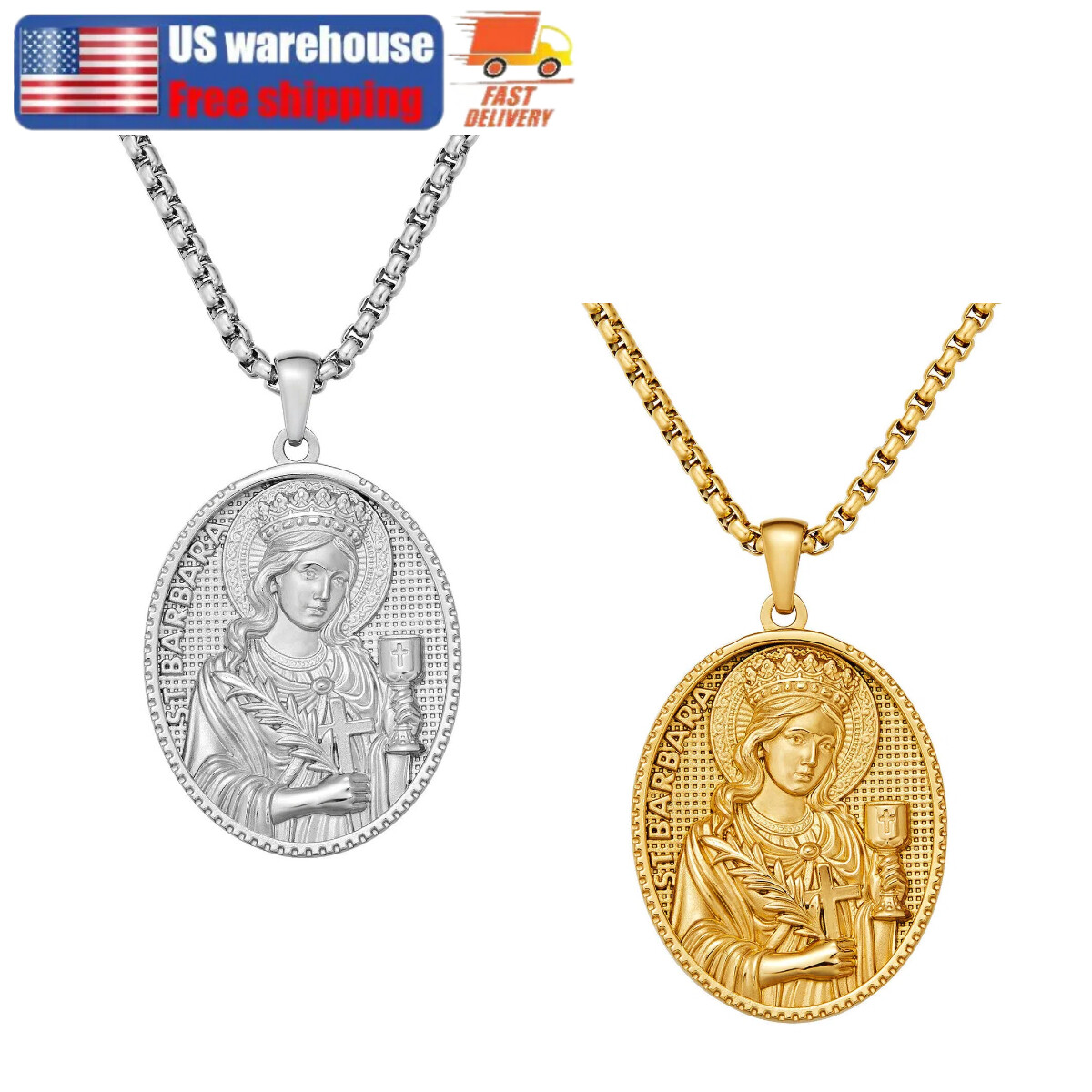 Stainless Steel 14k Gold Plated Virgin Mary Pendant Necklace Men Women Box Link