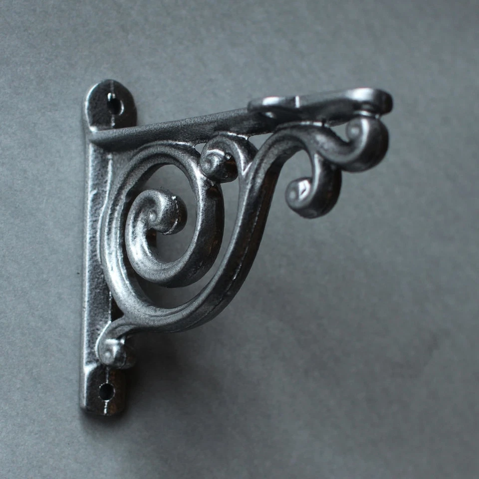 4" SMALL ANTIQUE CAST IRON VICTORIAN SHELF WALL BRACKET BLACK WHITE PEWTER-BR01 - image 3 of 4