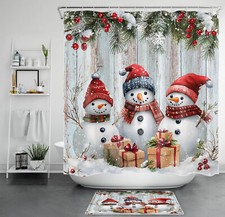 Winter Snowflakes Red Christmas Snowman Shower Curtain Set for Bathroom Decor