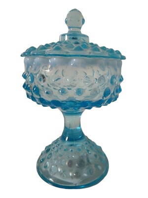 Vintage Fenton Glass Blue OPALESCENT HOBNAIL FOOTED Covered