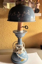 Charming 1970's Vintage Toleware Metal VGC Blue Desk Table Lamp